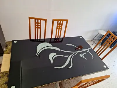 Glass Marble Top/Wooden Base Dining Table with  6 Wooden Chairs - Modern Floral Design