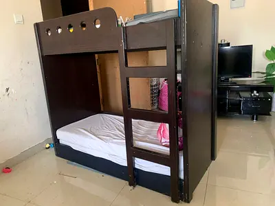 Child Wood Bunk Bed with Ladder - Double Size Lower, Single Upper