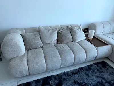 Designer Cream modern 3-seater fabric sofa with side storage