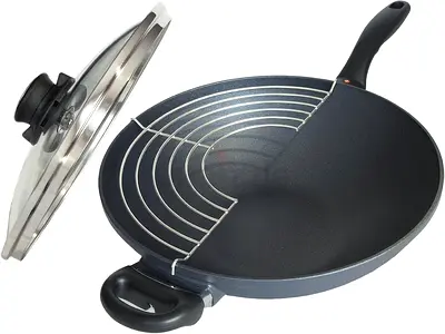 Non-stick 5 liter 32cm Wok Pan with Lid and Oil Drip Rack, Swiss Diamond - New in box