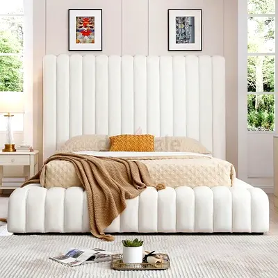 White Upholstered King Bed with Padded Headboard and Footboard