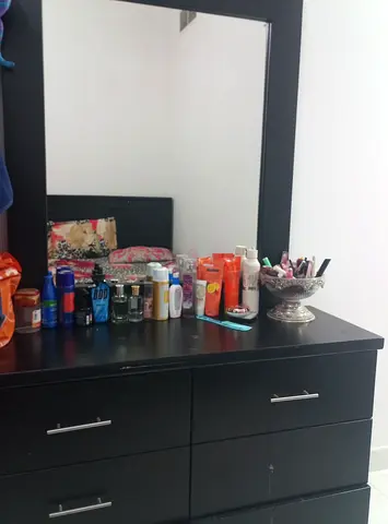 Black Wooden Dresser with Large Mirror - 6 Drawers