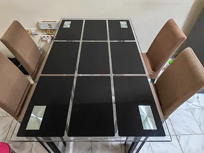 Glass Dining Table with 4 Upholstered Chairs - Modern Design