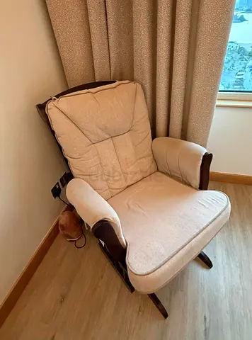 Wooden Frame Recliner Rocking Armchair with Beige Cushions