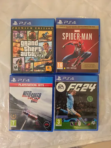 Bundle of 4 PS4 Games: Spider-Man, FIFA 24, GTA V, Need for Speed Heat (Used)