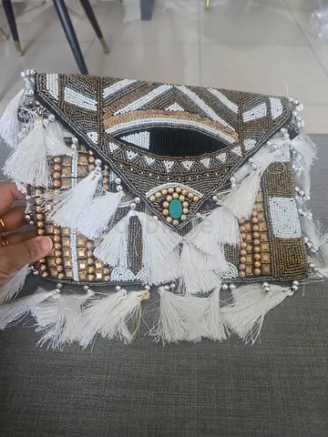 Hand-beaded White Tassel Evening Clutch Bag