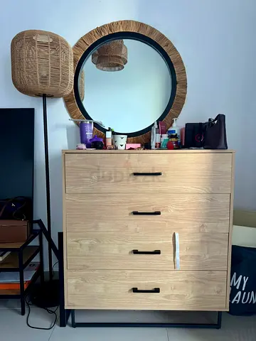Light Wood 4-Drawer Dresser with Black Metal Frame