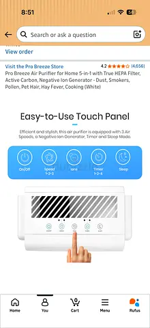 Pro Breeze Portable Home Air Purifier with HEPA Filter (White) - Touch Panel
