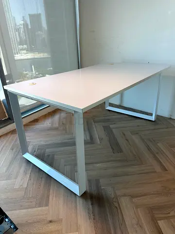 White modern study/office table with metal legs - good condition