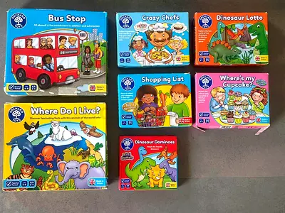 Lot of 7 “Orchard Toys” Educational Games (Bus Stop, Where Do I Live?, Dinosaur Lotto, More)