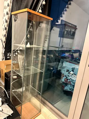 Glass Display Cabinet with Wooden Frame – 4 Shelves, Good Condition