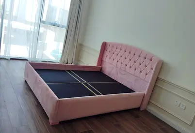 Pink Upholstered Double Bed Frame with Tufted Headboard