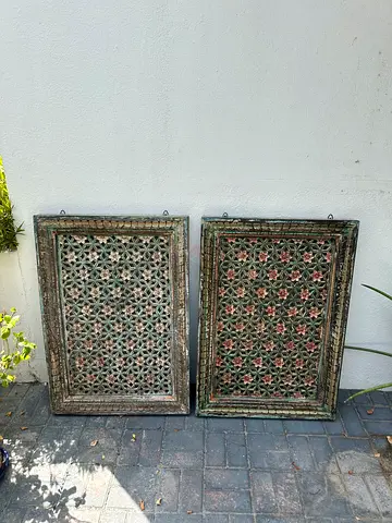 Pair of Antique Carved Wooden Wall Panels - Intricate Lattice Design