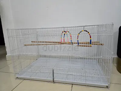 White Metal Bird Cage with Perches and Trays - Good Condition. Size 75cm
