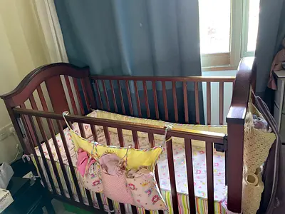Juniors Wooden Baby Crib (bed) with Mattress and Bedding - Dark Brown