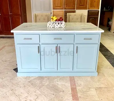 Solid Wood Kitchen Island with Marble Top — Light Blue, 4-Drawer, 4-Door
