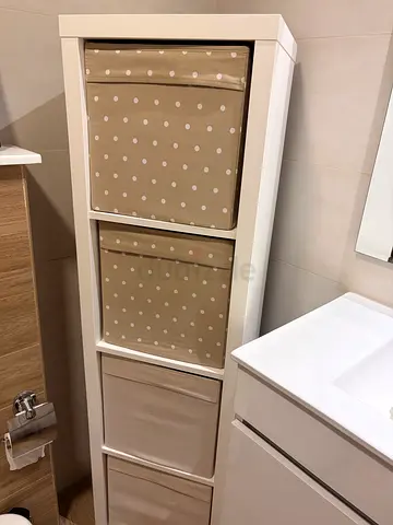 White 4-Compartment Storage Shelf with Beige Fabric Bins IKEA KALLAX