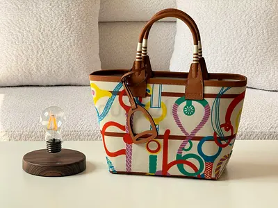 Colorful Printed Canvas Tote Bag with Leather Trim