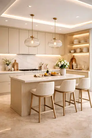 Modern Beige Kitchen Island with 3 Bar Stools and Pendant Lights