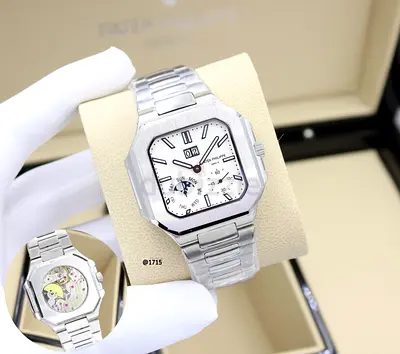 Mens stainless steel automatic Master Copy wristwatch with moonphase and day-date display