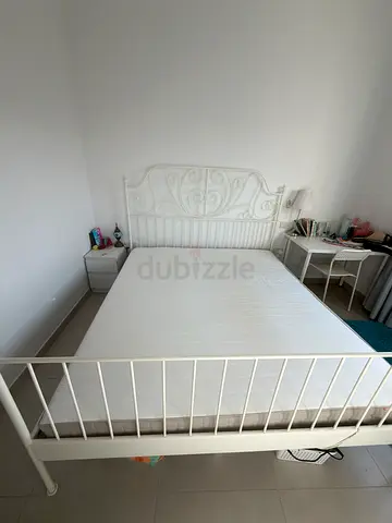 White Metal Single/Queen Bed Frame with Headboard — Good Condition