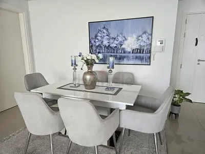 White Gloss Dining Table with 6 Grey Upholstered Chairs - Modern Set