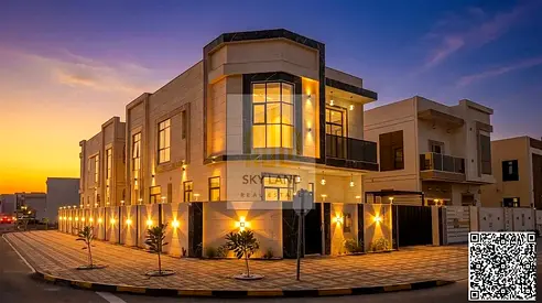A distinctive villa for sale on a corner lot with two street frontages, opposite a park in Al Zahiyah, Ajman. 5 master bedrooms.
