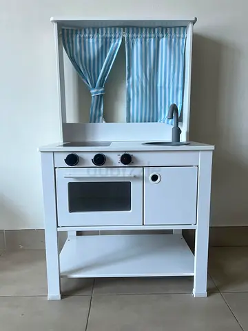 Wooden Play Kitchen with Curtains and Oven - Good Condition