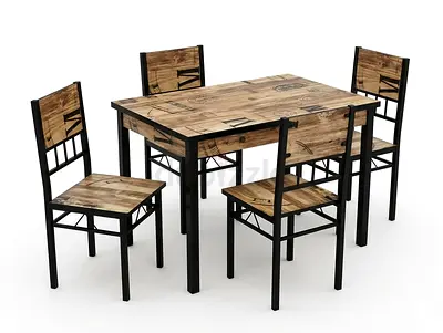 Wooden Top Metal Frame 4-Seater Dining Table with Chairs