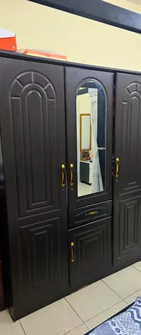 Dark Wood 4-Door Wardrobe with Mirror and Drawers - Good Condition