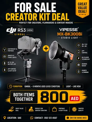 DJI RS3 Mini Gimbal + VIPESSE MX-BK300Bi Studio Light