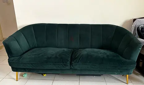 Mid-century Style Dark Green Velvet 4-seater Sofa with Gold Legs