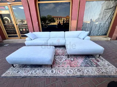 The Loom collection L shape sofa beigLight grey L-shaped sofa with ottoman — modern fabric sectional
