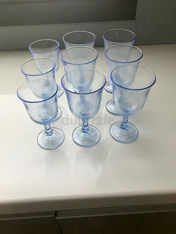 Set of 9 Light Blue Plastic Wine Glasses - Good Condition