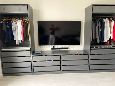 IKEA PAX wardrobe (flawless conditions) with drawer units and open hanging sections - dark grey,