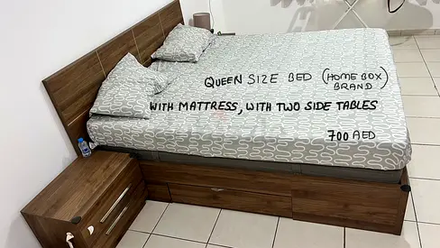 Move out sale- queen sized bed with mattress with two side tables