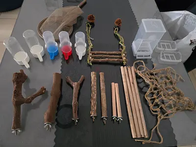 Bundle of bird perches, feeders and toys — few used and most are brand new. All together.