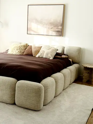 Modern Low-Profile Upholstered Bed with Rounded Block Base - Light Beige