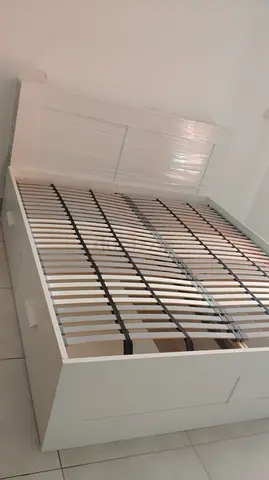 Ikea White double bed frame with slatted base and storage drawers - good condition, #ikeabed