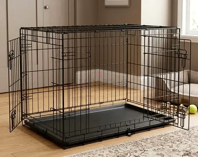 Spacious 2-Door Foldable Pet Crate with Removable Trat– Perfect for Cats  Dogs
