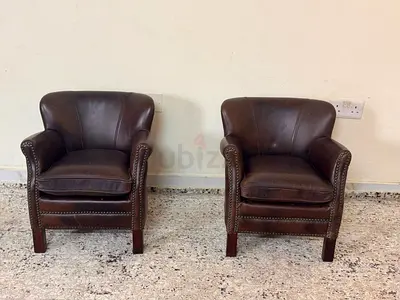 Pair of Brown Leather Baby Club Chairs - Classic Design