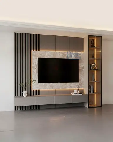 Modern wall-mounted entertainment unit with LED lighting and display shelves