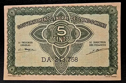 French IndoChina 5 Cents Banknote  / 1942 / AUNC