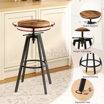 Set of 2 Industrial Adjustable Height Wooden Bar Stool with Metal Frame