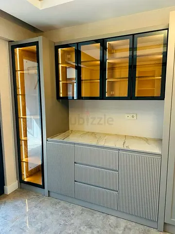 Built-in Modern Display Cabinet with Marble Top and Glass Doors