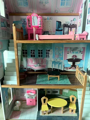 Wooden 3-Storey Dollhouse with Furniture - Pink/Blue Decor