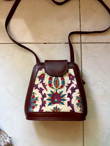 Brown Leather Crossbody Bag with Embroidered Floral Front Panel