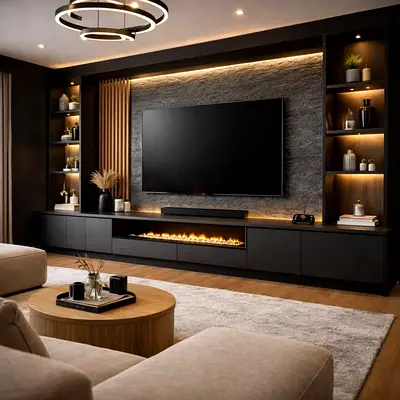 Modern built-in entertainment unit with shelving and integrated fireplace