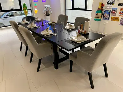 IKEA Extendable Black Dining Table with 6 Upholstered Chairs