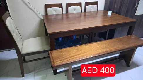 Solid Wood Dining Table Set with Bench and 4 Chairs - Good Condition